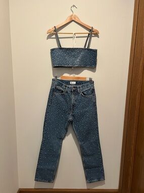 Zara Sparkly Denim Top and Jeans with Rhinestone Embellishments